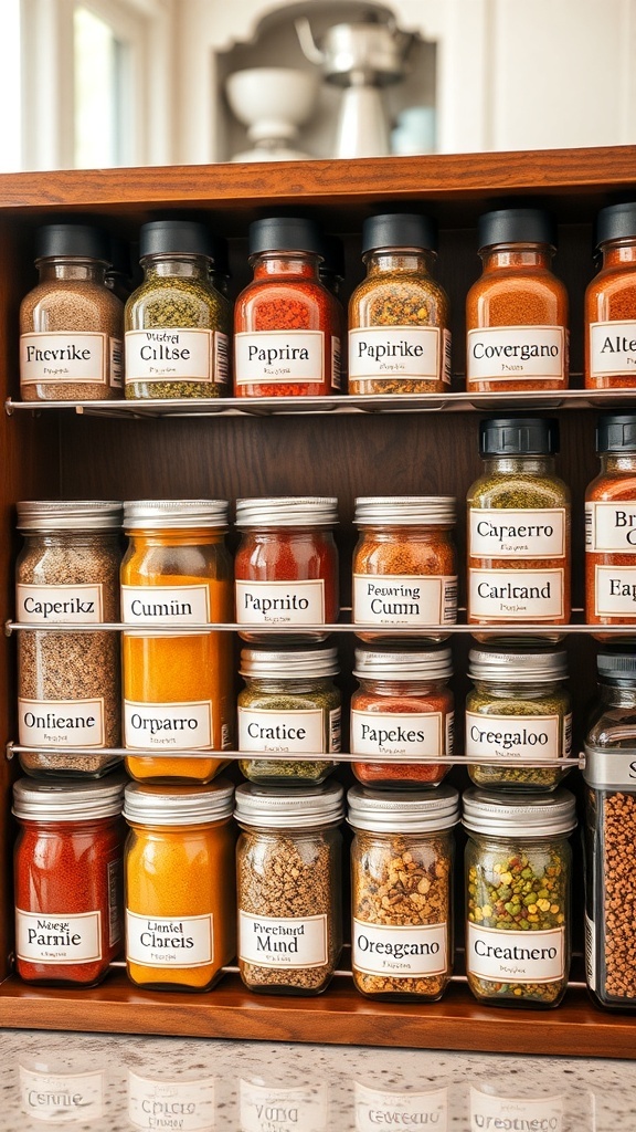 Organized spice jars with clear labels on a kitchen shelf.